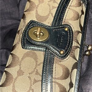 Coach Khaki and Brown Signature Canvas Wallet with Black Trim